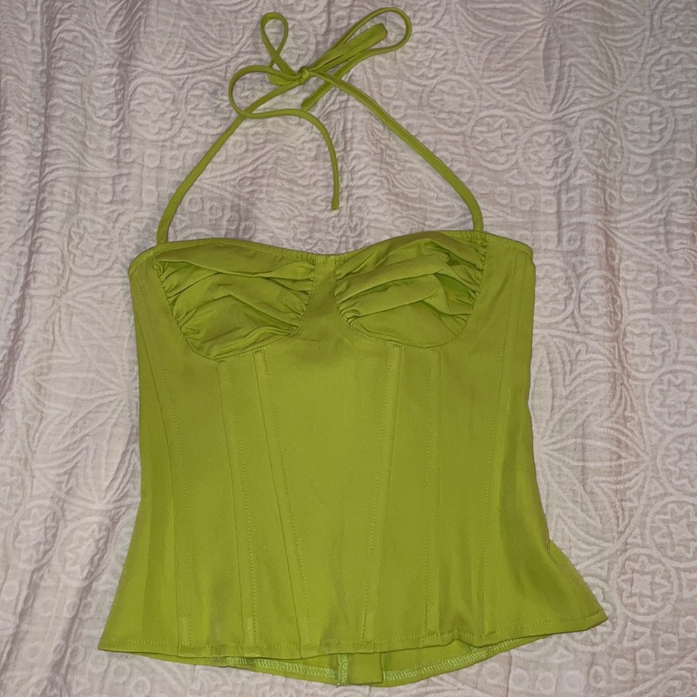 PRETTY LITTLE THING Lime Green Ruched Bust Halter neck Long Top (Corset)